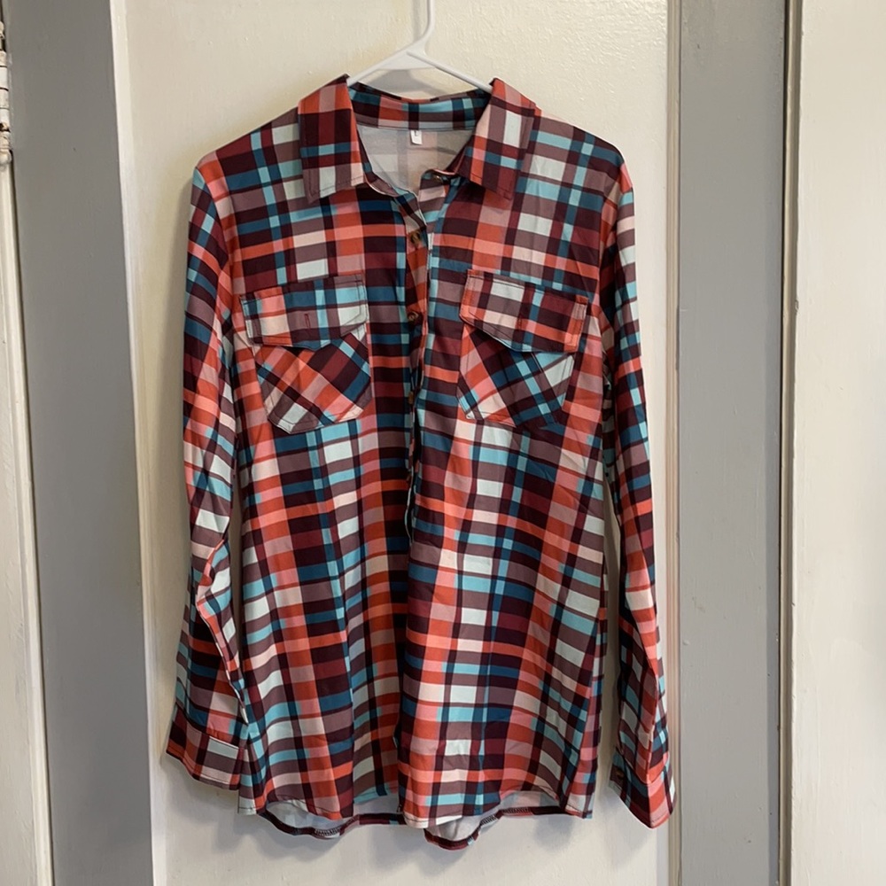 Large orange and teal plaid button-up. - Picture 4 of 4